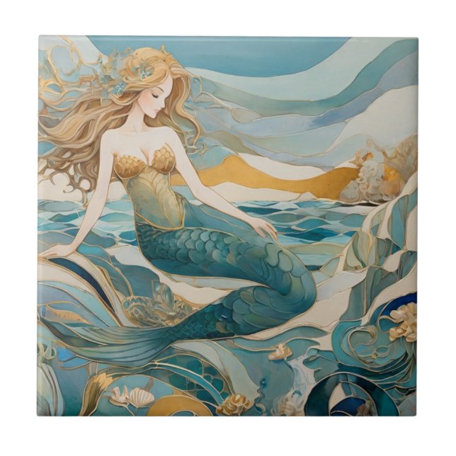 Beach Mermaid by the Sea Turquoise Gold Right side Ceramic Tile (Front)
