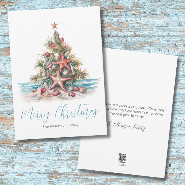 Beach Merry Christmas Holiday Card (Shell Beach Merry Christmas Tree Holiday Card)