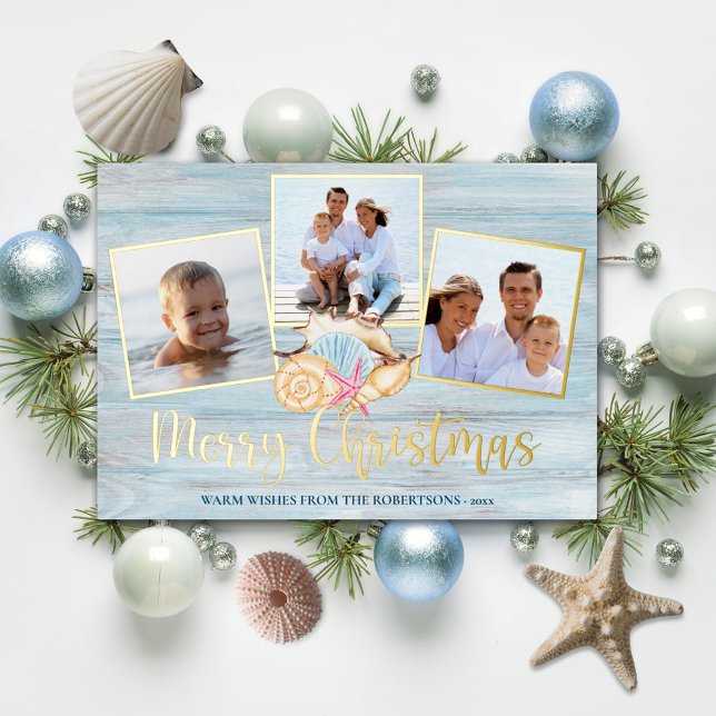Beach Merry Christmas Wood Photo Coastal Gold Foil Holiday Card (Creator Uploaded)