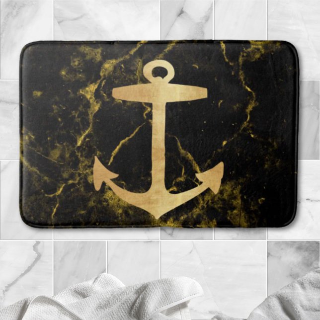 beach minimalist chic gold anchor black marble bath mat (beach minimalist chic gold anchor black marble bath mat)