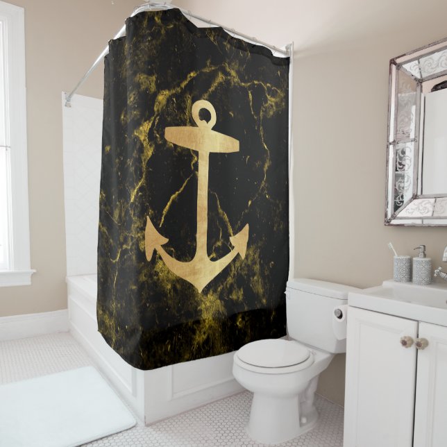 beach minimalist chic gold anchor black marble shower curtain (In Situ)