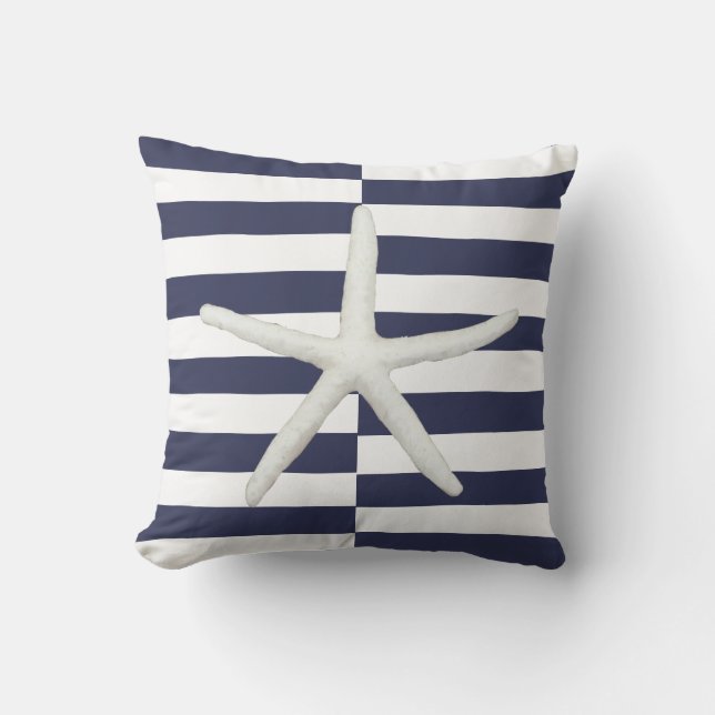Beach Modern Starfish Bold Striped Navy and White Cushion (Front)