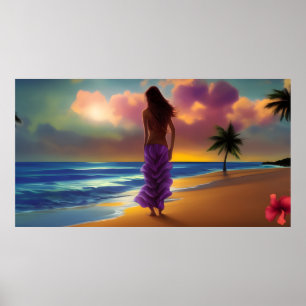 Beach moonlight stroll woman blue sea purple palms poster