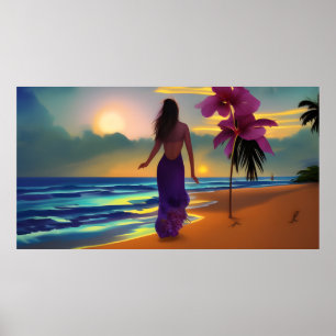 Beach moonlight stroll woman ocean purple palms  poster