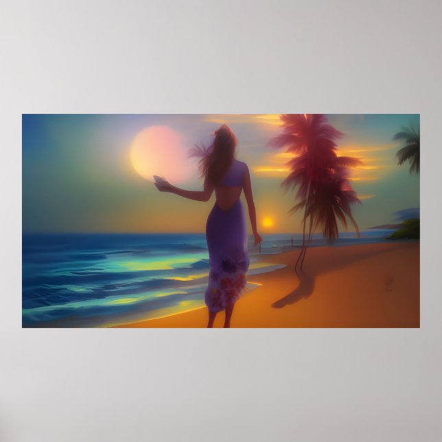 Beach moonlight stroll woman ocean sand palms poster (Front)