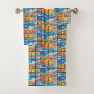 Beach mosaic sun and flowers bath towel set