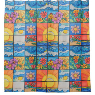 Beach mosaic sun and flowers shower curtain