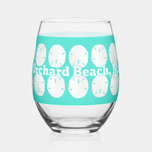 Beach Name Sand Dollars Turquoise Stemless Wine Glass