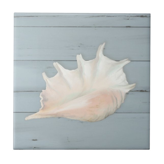 Beach Nautic Seashell Conch Tropical Blue Wood Ceramic Tile (Front)