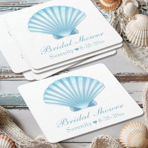 Beach Nautical Bridal Shower Shell Blue Turquoise Square Paper Coaster