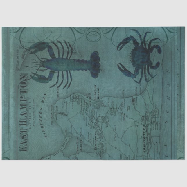 Beach Nautical Ocean Lobster Crab East Hampton Map Tissue Paper (Front)
