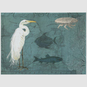 Beach Nautical Ocean Map Watercolor Heron Fish Art Tissue Paper