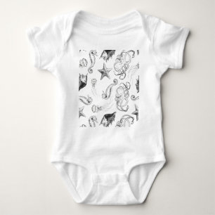 Beach Nautical Ocean Theme Black and White Ink Baby Bodysuit