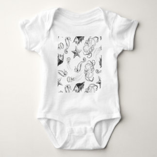 Beach Nautical Ocean Theme Black and White Ink Baby Bodysuit