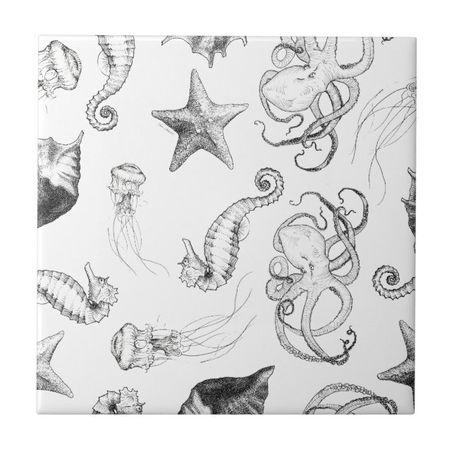 Beach Nautical Ocean Theme Black and White Ink Ceramic Tile (Front)