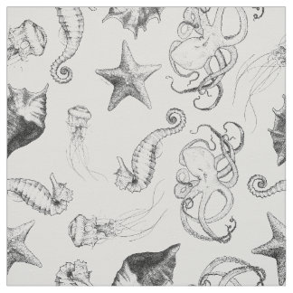 Beach Nautical Ocean Theme Black and White Ink Fabric
