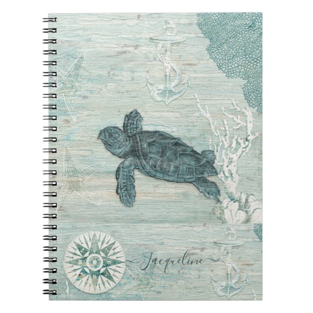 Beach Nautical Sea Turtle Starfish Blue Driftwood Notebook (Front)