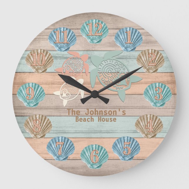 Beach Nautical Wood with Turtles & Shells  Large Clock (Front)