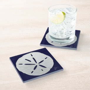 Beach Navy White Sand Dollars Coastal Glass Coaste Coaster