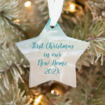 Beach New Home First Christmas Starfish Ornament<br><div class="desc">First Christmas home starfish ornament. Star-shaped acrylic keepsake with text on both sides. Include the event wording with date on one side and names and address on the other. Aquamarine sea water and beach sand is the background for sea green text. Two starfish also decorate each side. Change the wording...</div>