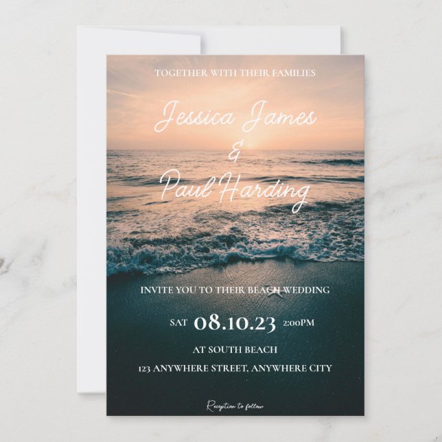 Beach Night Sunset in the Horizon Wedding Invitation (Front)