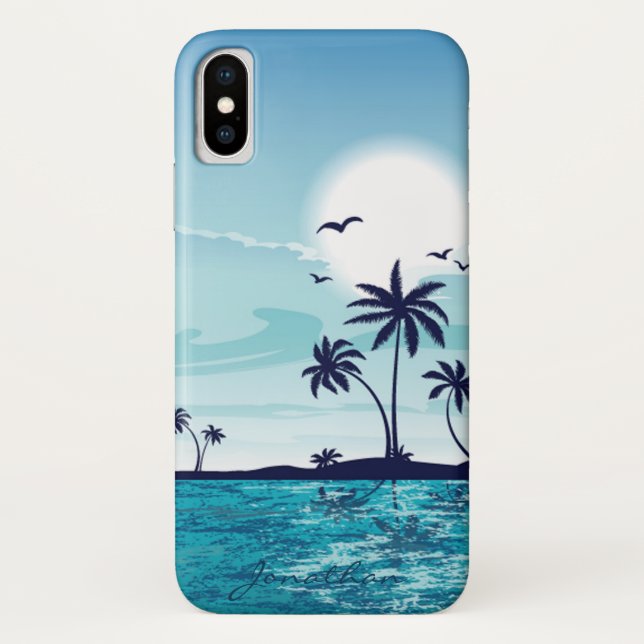 Beach Night with Moon Birds Palm Tree Ocean Cloud Case-Mate iPhone Case (Back)