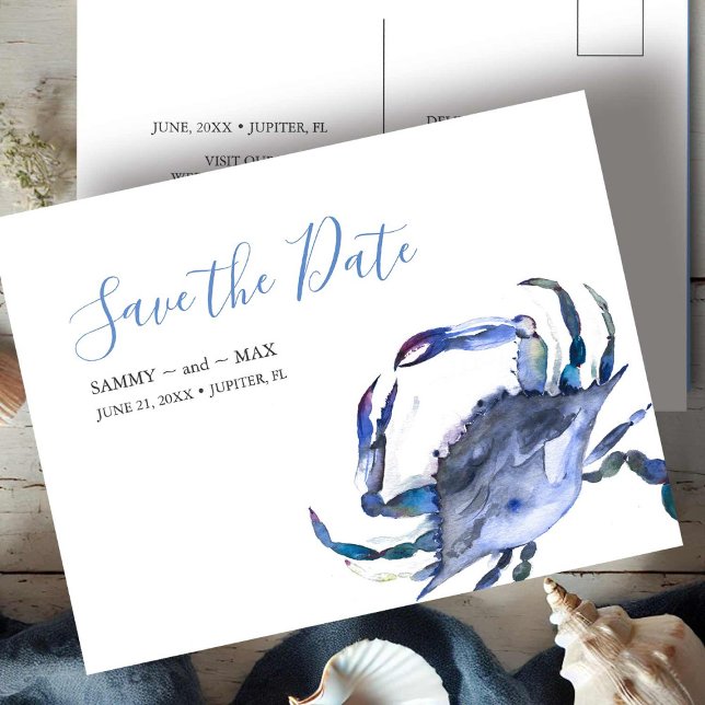 Beach Non Photo Wedding Save The Date Invitations (beach wedding save the date postcards watercolor blue crab art by Victoria Grigaliunas DoTellABelle)