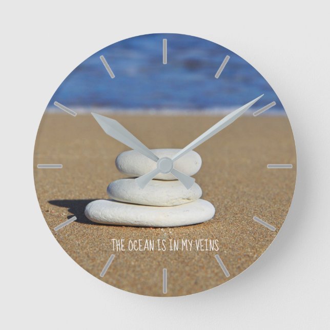 Beach Ocean Aqua Sand Sea View Pebble Customisable Round Clock (Front)