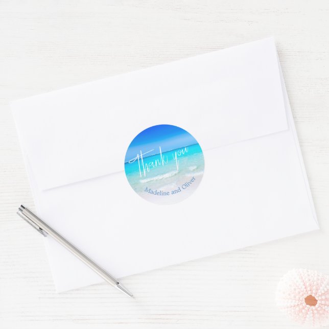 Beach Ocean Blue Sand Modern Thank You Classic Round Sticker (Envelope)