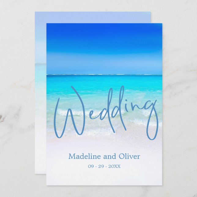 Beach Ocean Blue Sand Modern Wedding Invitation (Front/Back)