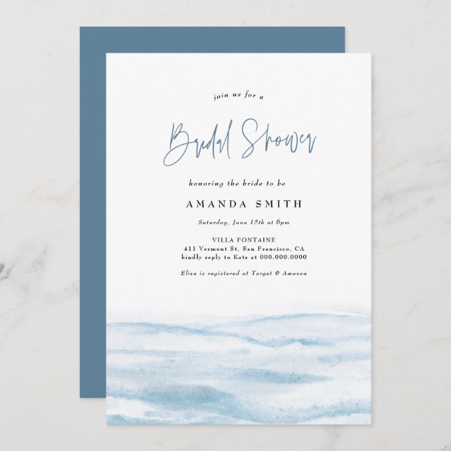 Beach Ocean Coastal Dusty Blue Bridal Shower Invitation (Front/Back)
