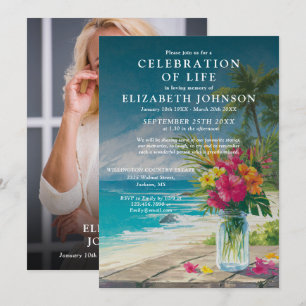 Beach Ocean Floral Celebration Of Life Photo Invitation