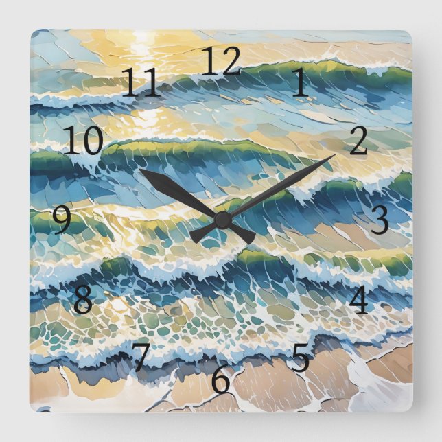 Beach Ocean Green Blue Yellow Design 345 Square Wall Clock (Front)