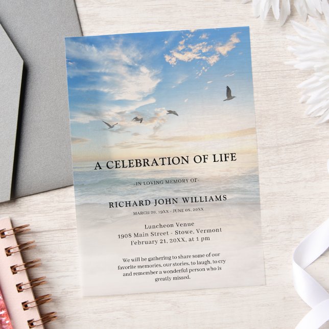 Beach Ocean Nature Celebration of Life Funeral Vellum Invitations (Beach Celebration of Life Invitation)