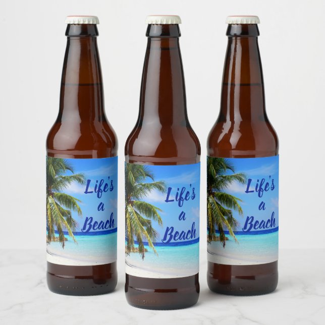 Beach ocean Palm tree Life is a beach Can Cooler Beer Bottle Label (Bottles)