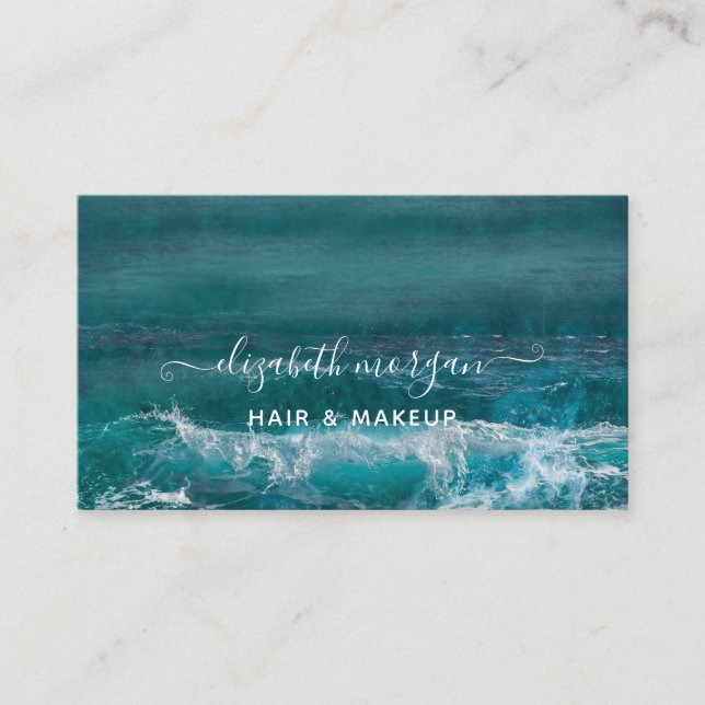 Beach Ocean Script Aqua Green Blue Modern Business Card (Front)