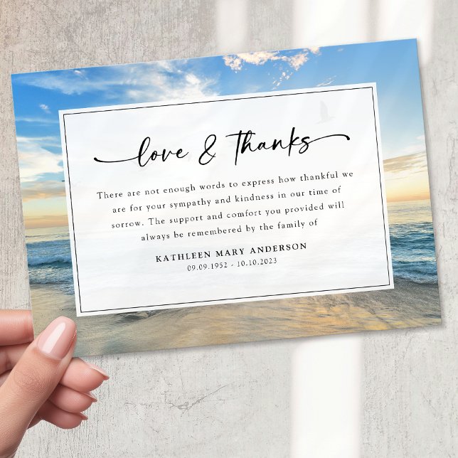 Beach Ocean Script Sympathy Funeral Thank You Card (Creator Uploaded)