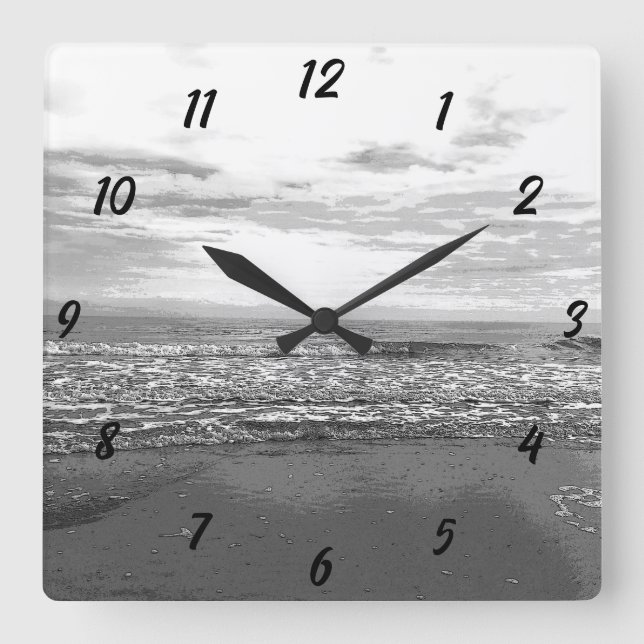 Beach Ocean Sea Abstract Black White Simple Scenic Square Wall Clock (Front)