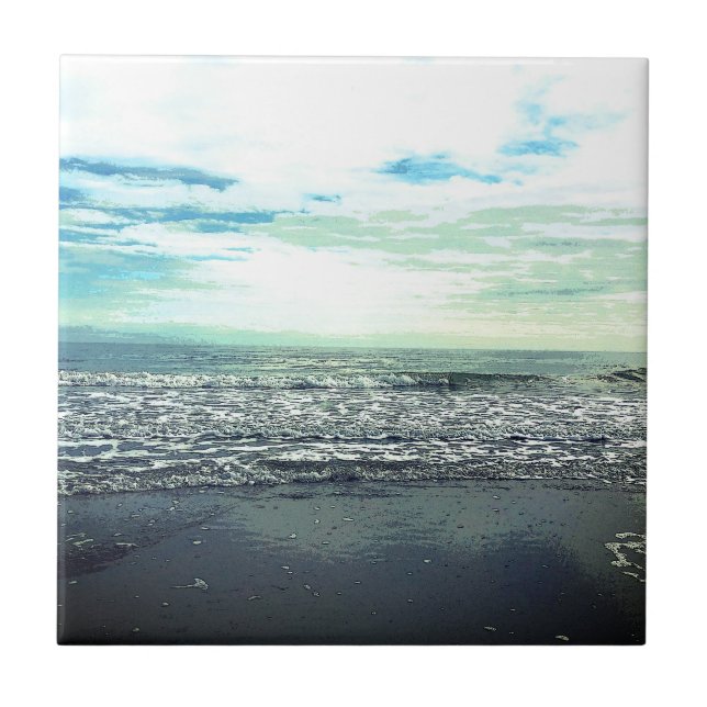 Beach Ocean Sea Abstract Blue Grey Green Artistic Ceramic Tile (Front)
