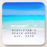 Beach Ocean Sea and Sand Blue Aqua Personal Family Coaster<br><div class="desc">Customised gift.
Iconic beach scene featuring mainly  blue and aqua colours .
Easily change the family name to your own or remove.
A perfect personal gift for your family decor.</div>