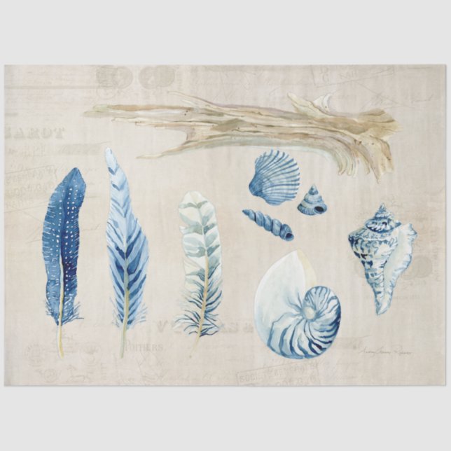 Beach Ocean Sea Shells Feathers Blue Decoupage Tissue Paper (Front)