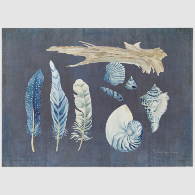 Beach Ocean Shells Feathers Navy Blue Decoupage Tissue Paper (Front)
