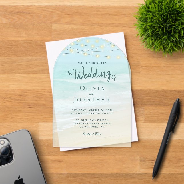 Beach Ocean String Lights Wedding Acrylic Invitations (Insitu (Invitation Card))