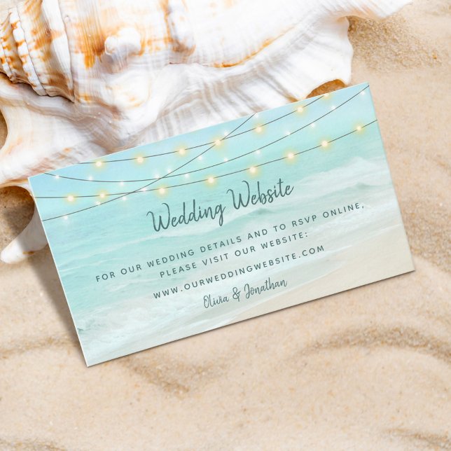 Beach Ocean String Lights Wedding Website Enclosure Card (Creator Uploaded)