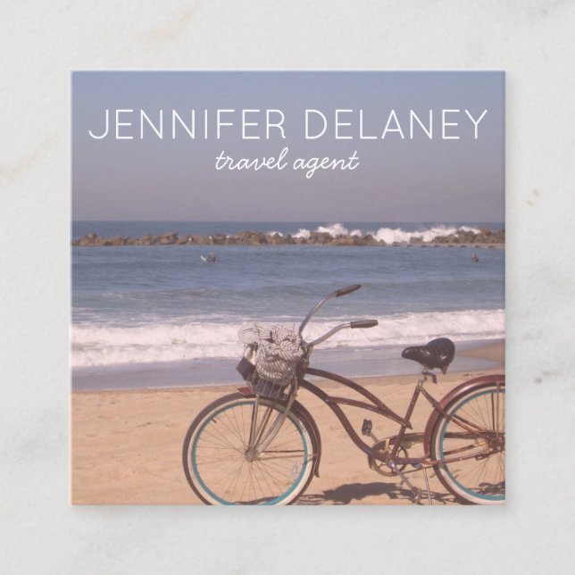 beach Ocean Surf Bike Photo Travel Tourism Square Business Card (Front)