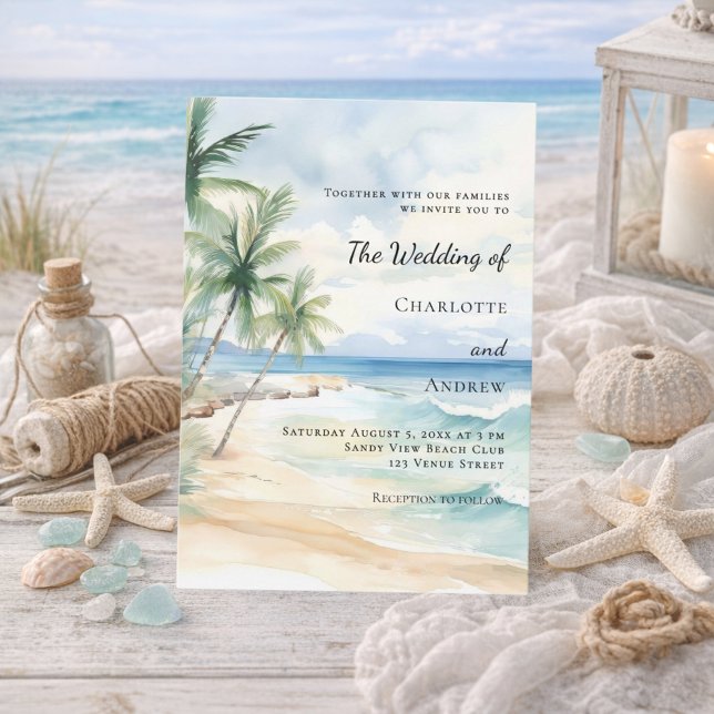 Beach ocean tropical palm destination wedding invitation (Creator Uploaded)