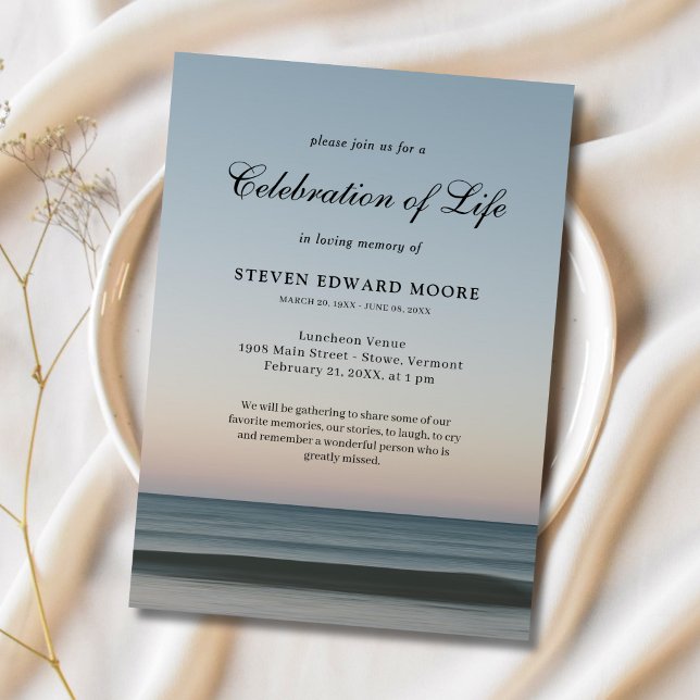 Beach Ocean Water Celebration of Life Grey Blue In Invitation (Beach Celebration Of Life Invitation)
