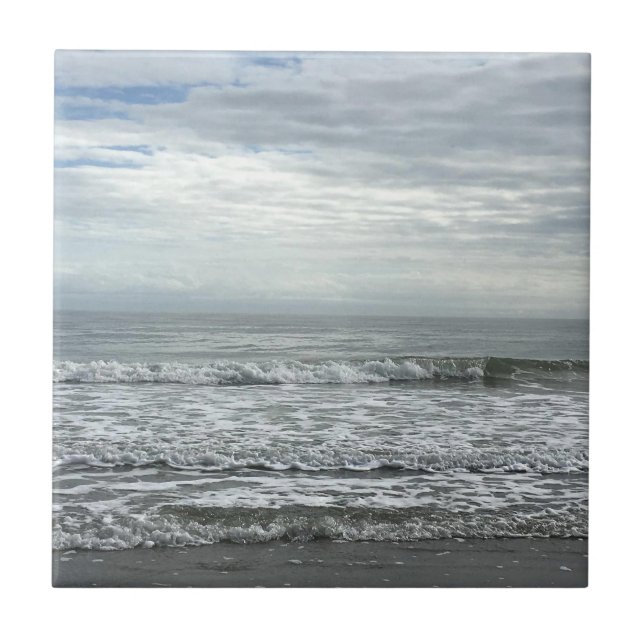 Beach Ocean Water Sky Blue White Grey Cute Coastal Ceramic Tile (Front)