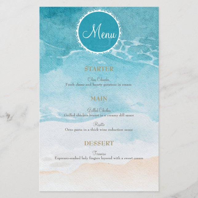 Beach, Ocean Watercolor Background Wedding Menu (Front)