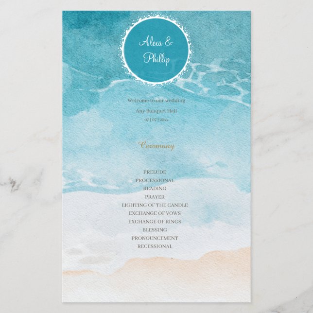 Beach, Ocean Watercolor Background Wedding Program (Front)